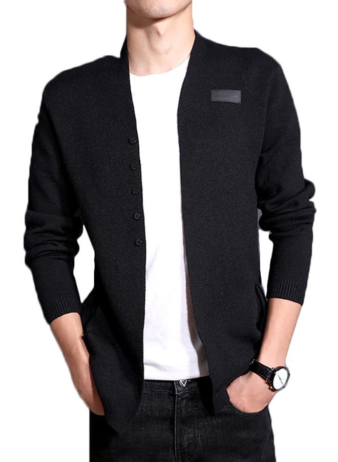 Solid Long Sleeve Casual Knitwear Coat Black