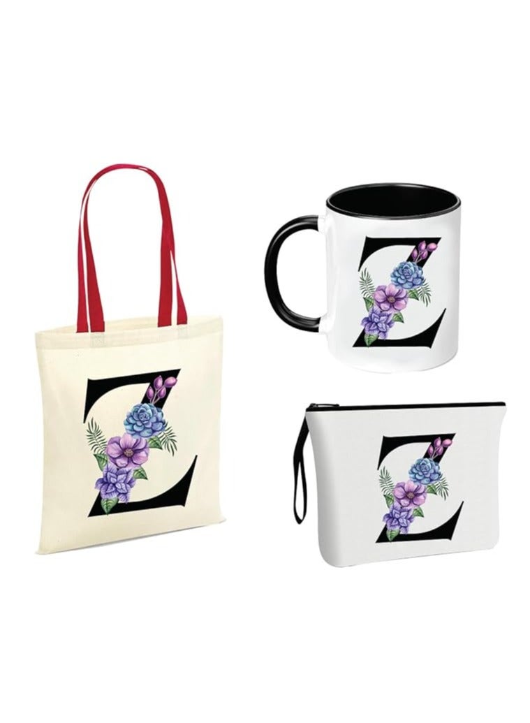 PRINTSHOP4ME Initial Letters Canvas Cotton Tote Bag With Red Handle and Cosmetic pouch for girls - Mug gifts - Pack of 3 Combo set -Giftset for wedding - Gifts for girls - Gift for friends - Image 1