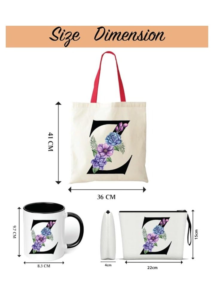 PRINTSHOP4ME Initial Letters Canvas Cotton Tote Bag With Red Handle and Cosmetic pouch for girls - Mug gifts - Pack of 3 Combo set -Giftset for wedding - Gifts for girls - Gift for friends - Image 3