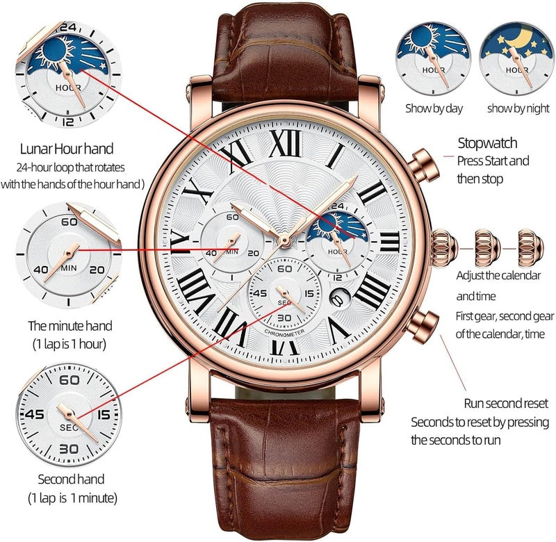 أكس سبرينج ساعة رياضية تناظرية من X Spring، ساعة يد رجالية تتميز بعقارب مضيئة وعرض التاريخ، كرونوغراف مقاوم للماء مع حزام جلدي، مثالية للعمل غير الرسمي والأنشطة الخارجية - Image 2