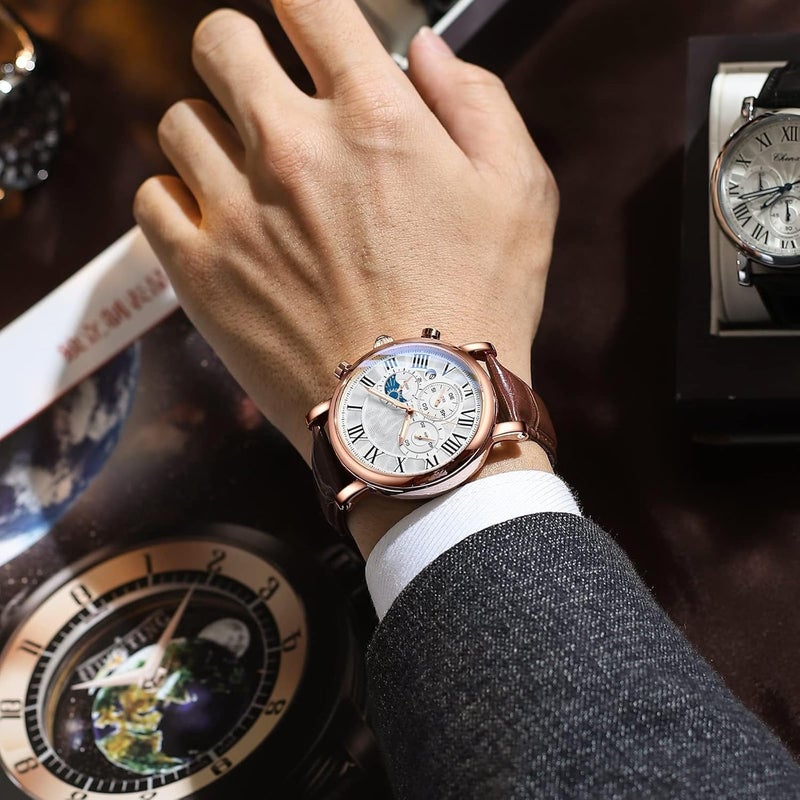 أكس سبرينج ساعة رياضية تناظرية من X Spring، ساعة يد رجالية تتميز بعقارب مضيئة وعرض التاريخ، كرونوغراف مقاوم للماء مع حزام جلدي، مثالية للعمل غير الرسمي والأنشطة الخارجية - Image 5