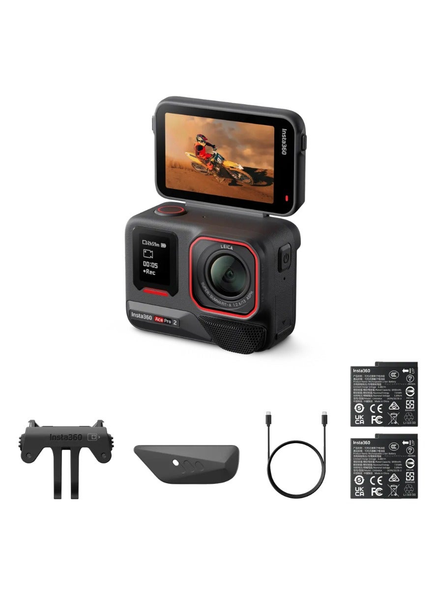 Insta360 ACE PRO 2 | Dual Battery Bundle | Action Camera, Co-Engineered with Leica, 8K AI-Powered Ultra HD, Advanced Stabilization, Waterproof Design, Compact and Rugged Design– Black