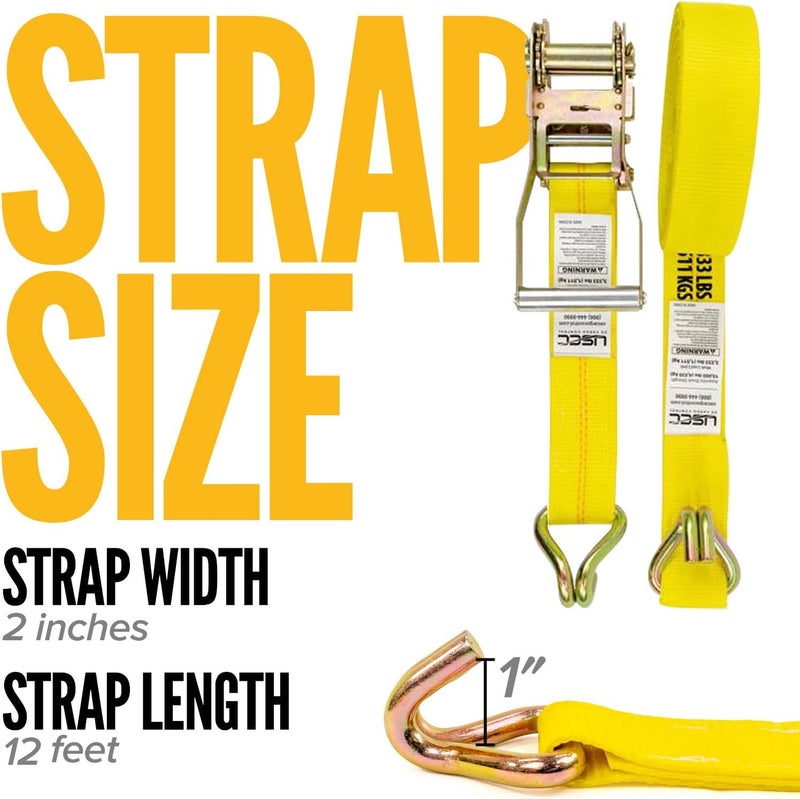 US Cargo Control 2 Inch x 12 Foot Ratchet Tie Down Strap with Double J Hooks - Yellow - Image 3