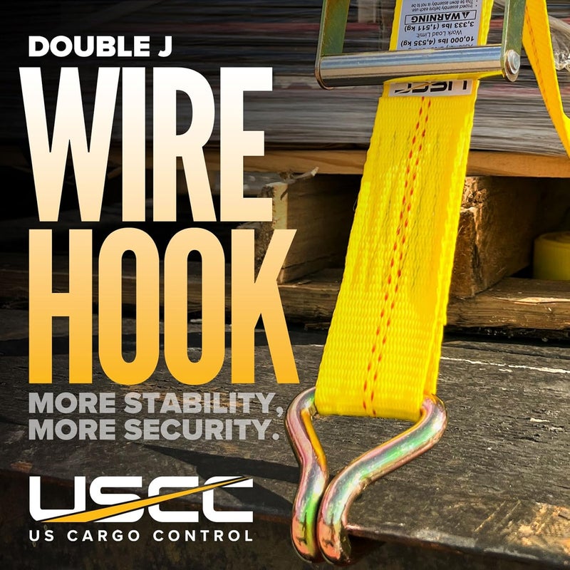 US Cargo Control 2 Inch x 12 Foot Ratchet Tie Down Strap with Double J Hooks - Yellow - Image 2