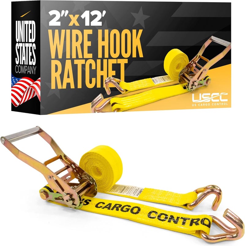 US Cargo Control 2 Inch x 12 Foot Ratchet Tie Down Strap with Double J Hooks - Yellow - Image 1