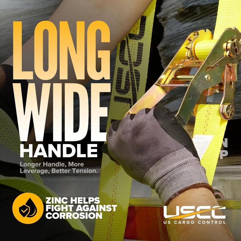 US Cargo Control 2 Inch x 12 Foot Ratchet Tie Down Strap with Double J Hooks - Yellow - Image 4