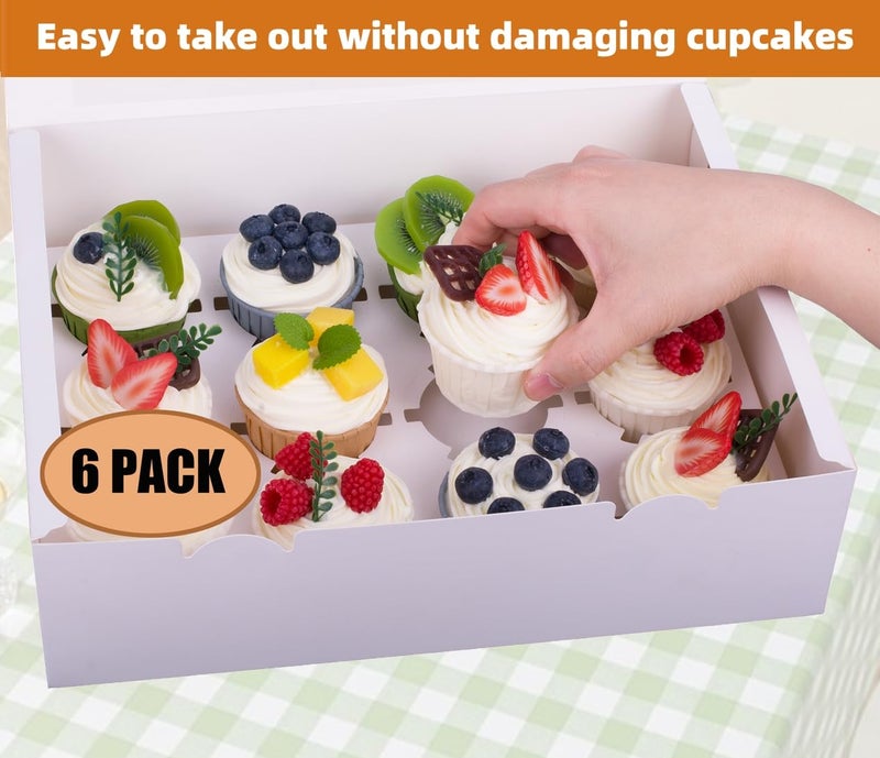 LONGTEAM 6-Set Cupcake Boxes Hold 12 Standard Cupcakes, Food Grade Cupcake Holders Bakery Carrier Boxes with Windows and Inserts for Cupcakes, Muffins and Pastries (White-6 Pack) - Image 3