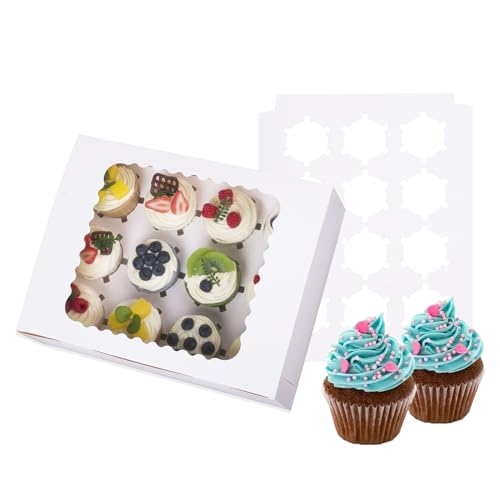 LONGTEAM 6-Set Cupcake Boxes Hold 12 Standard Cupcakes, Food Grade Cupcake Holders Bakery Carrier Boxes with Windows and Inserts for Cupcakes, Muffins and Pastries (White-6 Pack) - Image 1