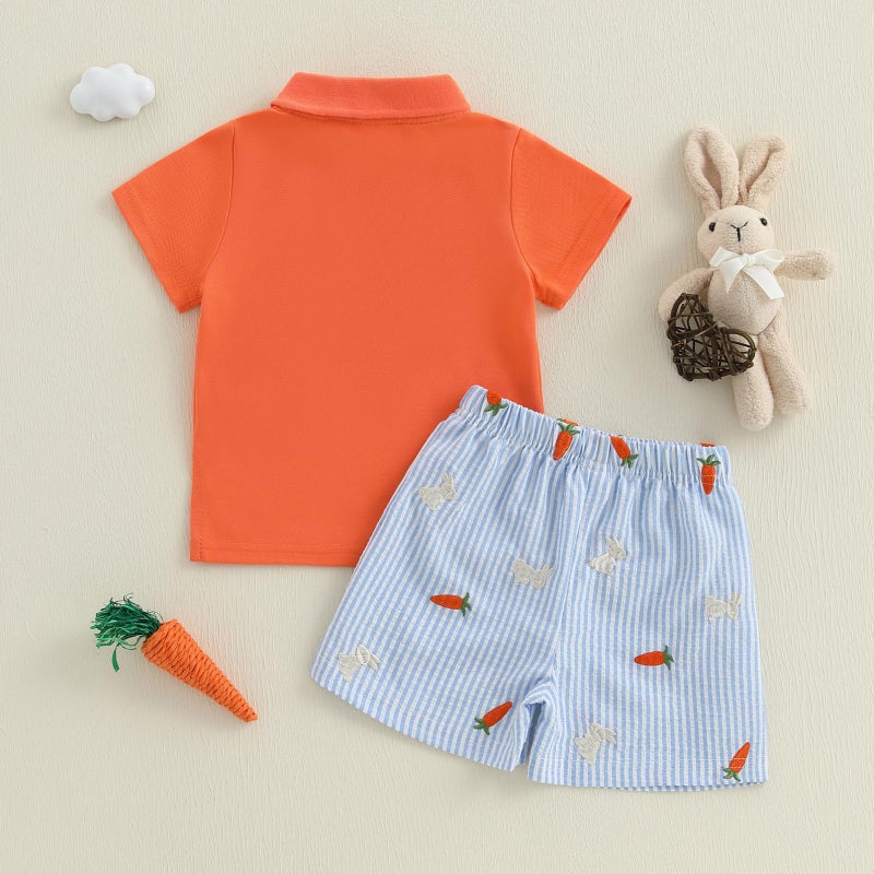 LAGKIYOJ Baby Boys Easter Outfits Bunny Embroidery T-Shirt+Elastic Carrot Stripe Shorts My First Easter Baby Boy Outfit (Orange Carrot bunny, 2-3T) - Image 4