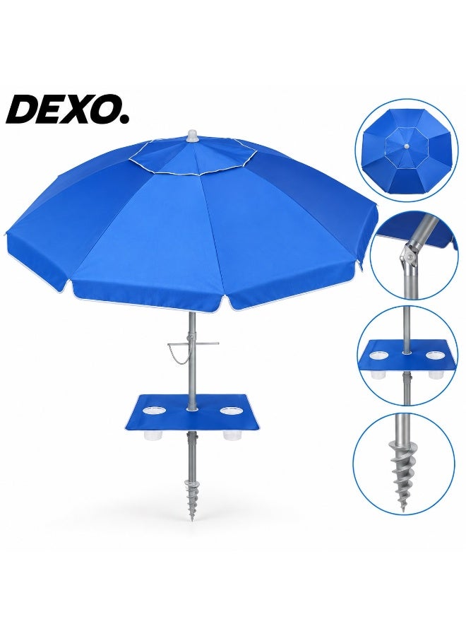 DEXO 2.2 Meter Beach Umbrella with Bottle Holder - Extra Large Heavy Duty Wind Resistant Sand Anchor, UV50+ Protection, Adjustable Tilt Pole for Beach & Outdoor Use - Image 1