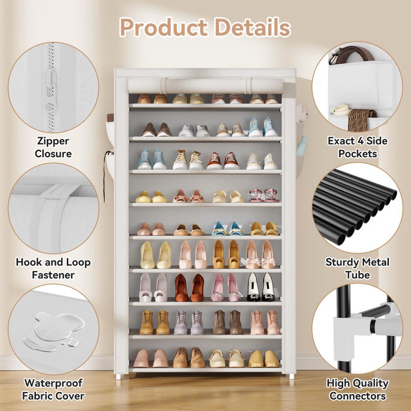LANTEFUL رف أحذية LANTEFUL مع أغطية 10 طبقات رف أحذية طويل منظم بسعة كبيرة رف تخزين للأحذية 40 زوجًا توفير المساحة رف تخزين أحذية قائم بذاته لخزانة الملابس، المدخل، السكن، أبيض - Image 4