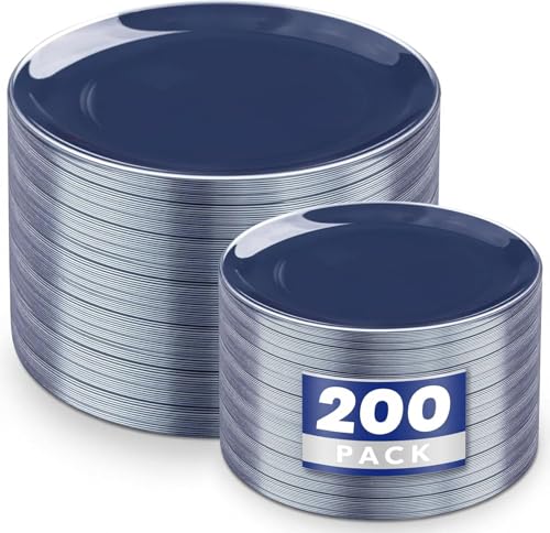 KIRE 200PCS Blue Plastic Plates with Silver Rim Navy Blue Plastic Plates Include 100 Dinner Dessert Plate Heavy Duty Dark Blue Disposable Plate for HanukkahPartiesWedding - Image 2