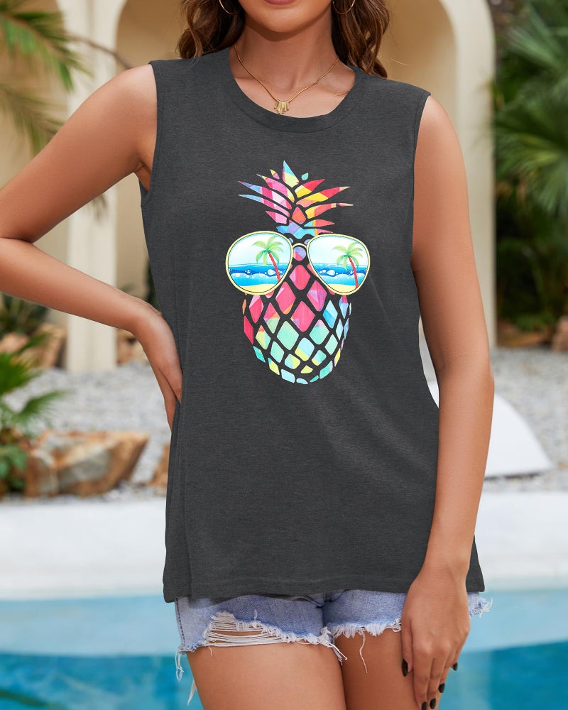 rosemia Tank Tops for Women Summer Graphic Pineapple Tshirts Sleeveless Casual Ladies Tunic Blouse(Pineapple Dark Grey, XL) - Image 3