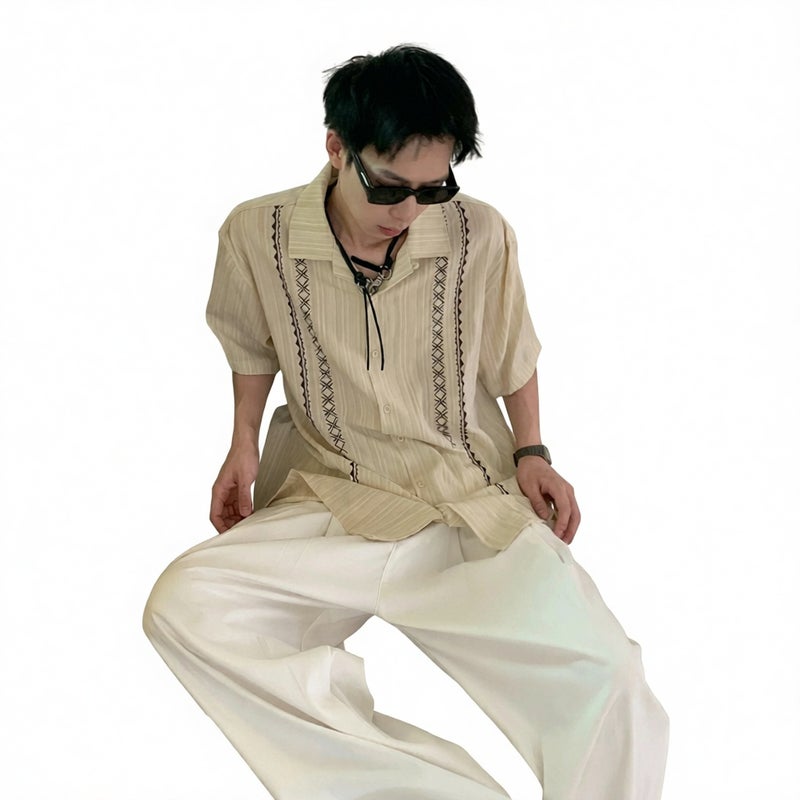 Vintage Ethnic Embroidered Short Sleeve Shirt with Cuban Collar - Image 1