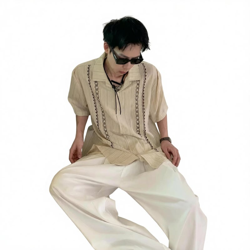 Vintage Ethnic Embroidered Short Sleeve Shirt with Cuban Collar - Image 4