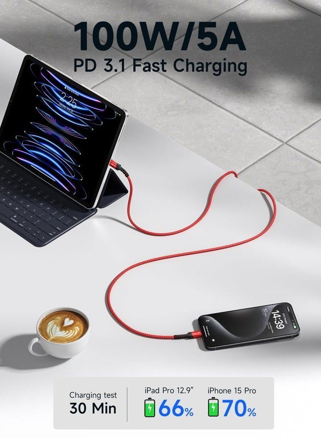 jsaux 100W USB C to USB C Cable (2-Pack, 6.6ft), USBC Type-C Charge Cord 5A Fast Charging Compatible with iPhone 16e/16/16 Plus/16 Pro Max/15 Samsung Galaxy S25 S24 MacBook iPad Air Pro Carplay  Red - Image 3