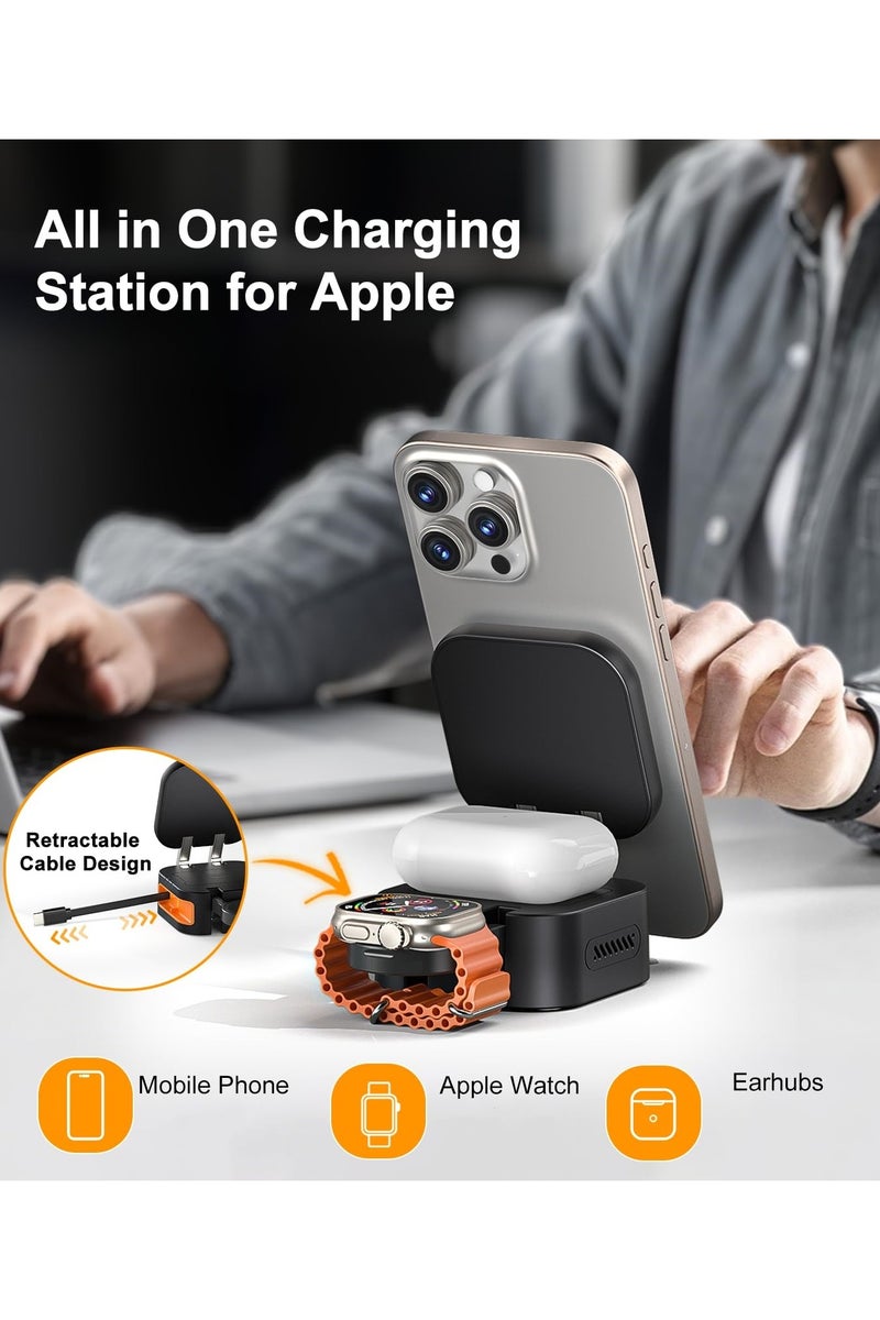 اكسيسن محطة شحن لاسلكية مغناطيسية صغيرة الحجم لأجهزة Apple، مزودة بكابل قابل للسحب وحامل شاحن قابل للطي لأجهزة iPhone من سلسلة 16/15/14/13/12 و Apple Watch و AirPods - Image 3