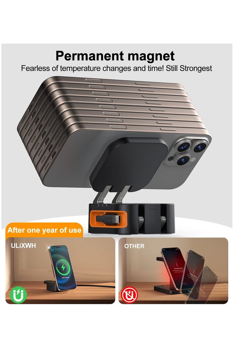اكسيسن محطة شحن لاسلكية مغناطيسية صغيرة الحجم لأجهزة Apple، مزودة بكابل قابل للسحب وحامل شاحن قابل للطي لأجهزة iPhone من سلسلة 16/15/14/13/12 و Apple Watch و AirPods - Image 5