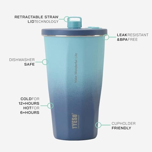 TYESO Travel Coffee Mug Tumbler with Lid & Straw | Insulated Stainless Steel Cold Brew Iced Coffee Cup Thermos | 20oz Voyager Collection (Mint Green Gradient) - Image 2