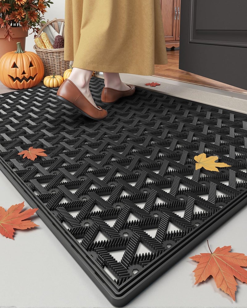 DEXI Front Door Mat Outside Entrance19x30 Rubber Floor Doormat Heavy Duty Non Slip Dirt Trapper Waterproof Exterior Entry Mats All Weather for Patio Entryway Drainage Black