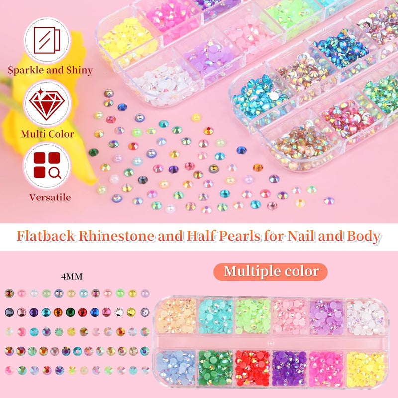 editTime 5 Boxes Bright Colorful Nail Art Rhinestones Kit Crystals Ab Flatback Jelly Mermaid Pearl Rhinestones Stones Gems with Pick Up Pen and Curved Tweezers (4mm) - Image 2