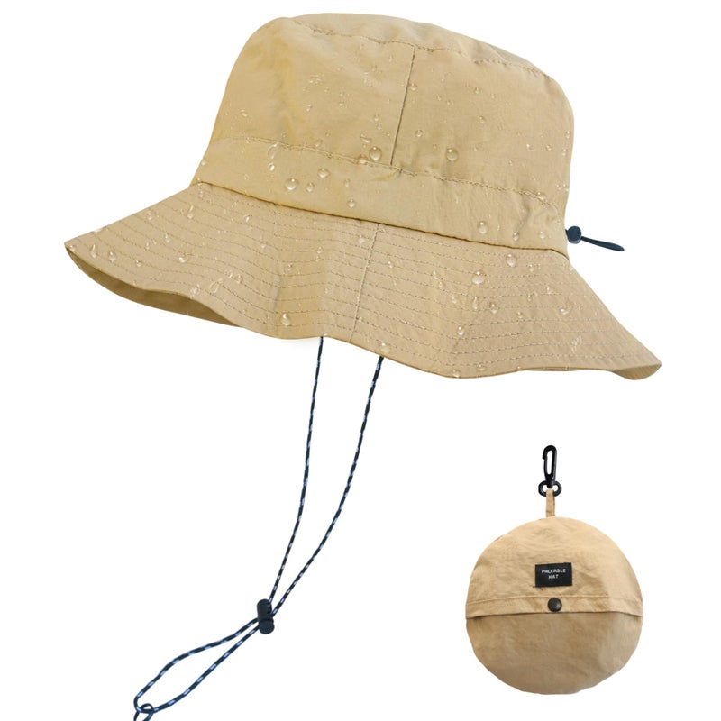 PFFY Quick Dry Waterproof Packable Bucket Hat for Women Men Outdoor Sun Hats with Detachable Chin Strap Khaki (More Loose) - Image 1