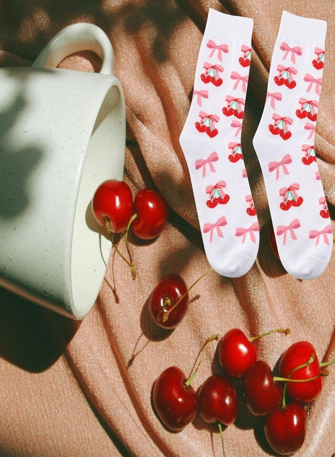 GJTIM Cherry Pink Bow Gift Coquette Aesthetic Cherries Pattern Fruity Socks for Fruit Lover (L, Bow) - Image 5