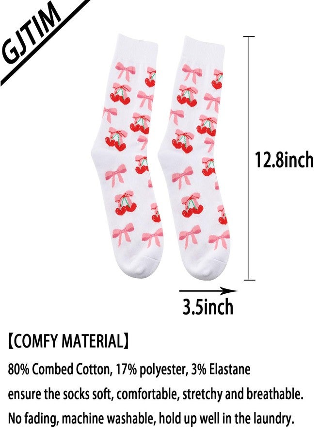 GJTIM Cherry Pink Bow Gift Coquette Aesthetic Cherries Pattern Fruity Socks for Fruit Lover (L, Bow) - Image 2