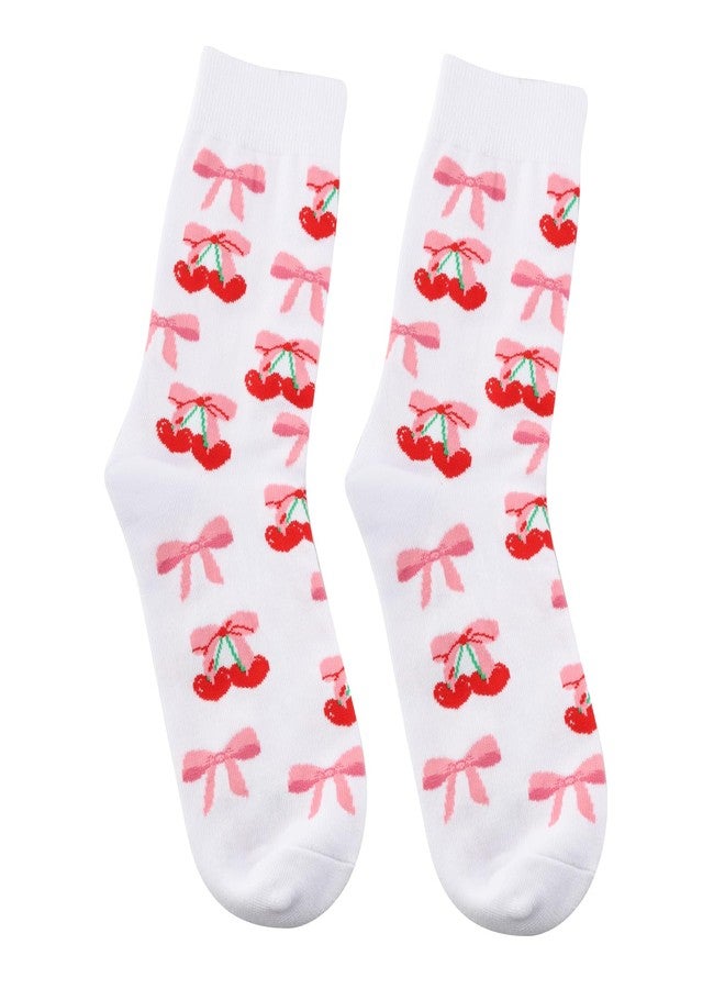 GJTIM Cherry Pink Bow Gift Coquette Aesthetic Cherries Pattern Fruity Socks for Fruit Lover (L, Bow) - Image 3