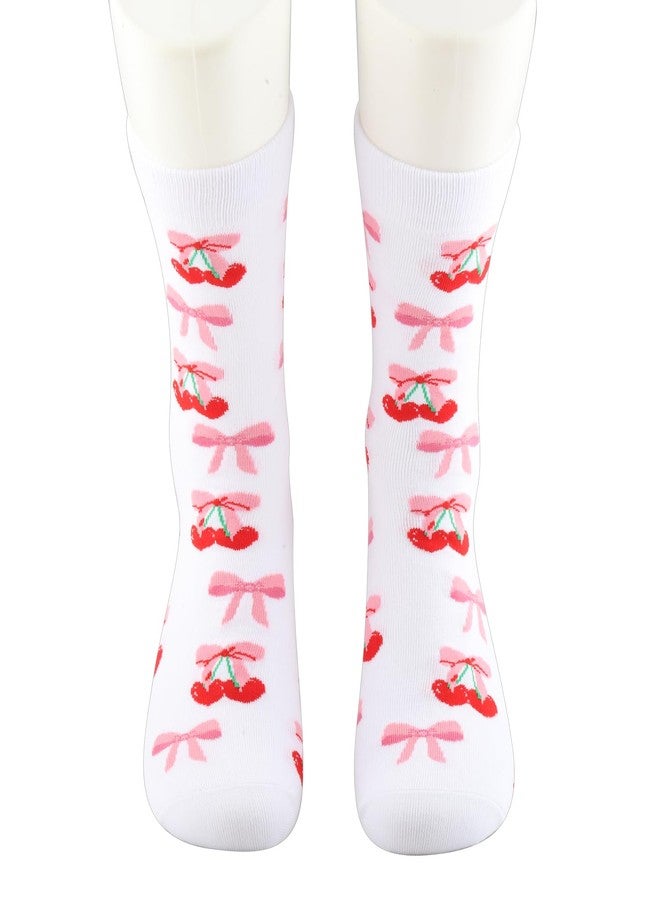 GJTIM Cherry Pink Bow Gift Coquette Aesthetic Cherries Pattern Fruity Socks for Fruit Lover (L, Bow) - Image 1