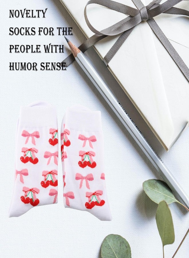 GJTIM Cherry Pink Bow Gift Coquette Aesthetic Cherries Pattern Fruity Socks for Fruit Lover (L, Bow) - Image 4