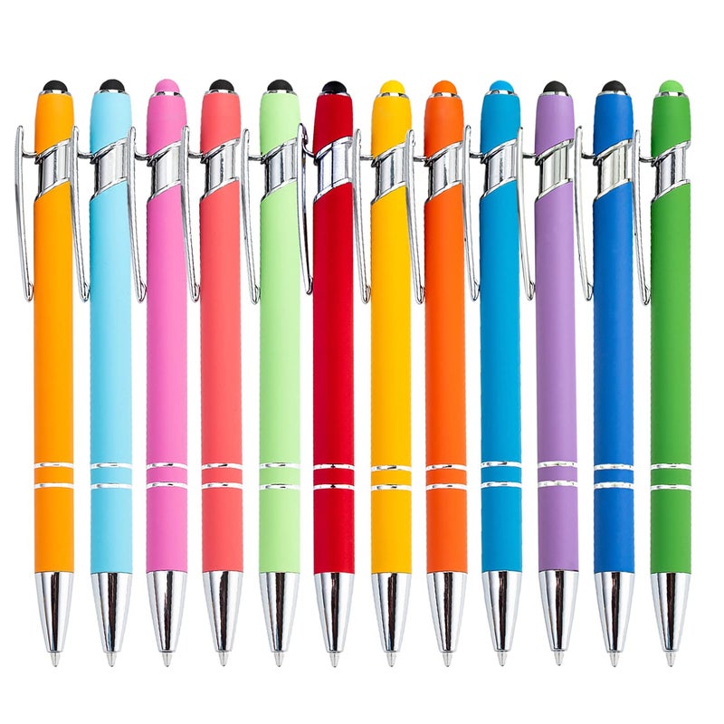 PASISIBICK 12 Pieces Rainbow Rubberized Soft Touch Ballpoint Pen with Stylus Tip, Stylish, Premium Metal Pen, Black Ink, Medium Point(Pack of 12) - Image 1