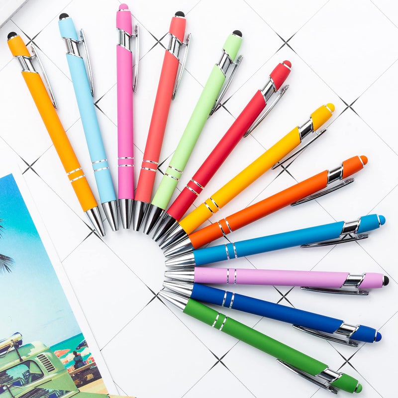PASISIBICK 12 Pieces Rainbow Rubberized Soft Touch Ballpoint Pen with Stylus Tip, Stylish, Premium Metal Pen, Black Ink, Medium Point(Pack of 12) - Image 2