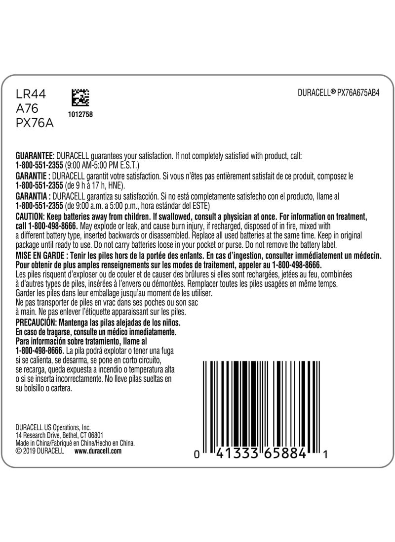 Duracell - Duracell 76A 15V Alkaline Batteries 4 Count Pack 76A 15 Volt Battery equivalent to LR44 A76 PX76A V136A AG13 and L1154 battery types - Image 1