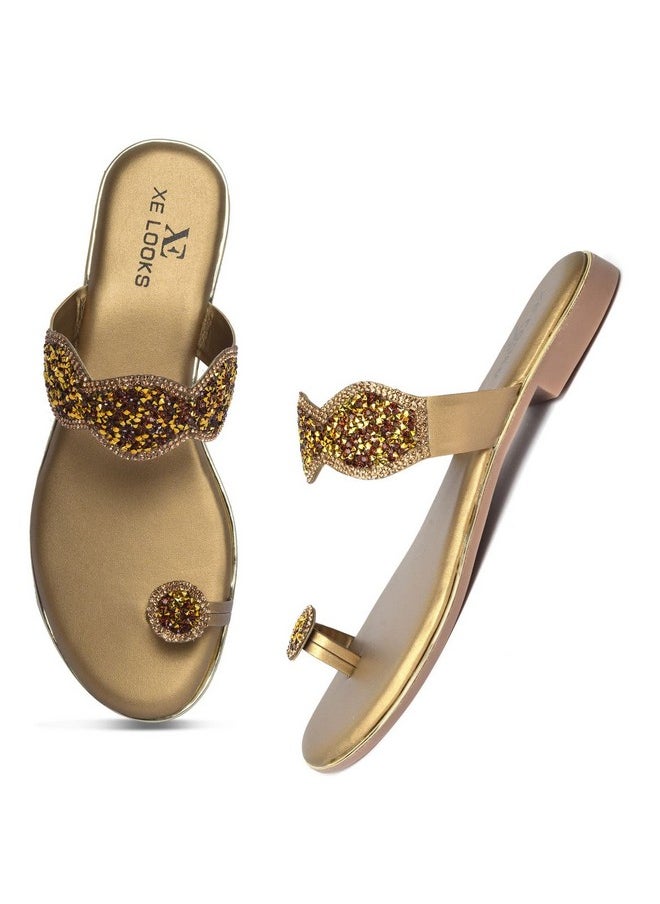 XE Looks - XE Looks Women's Copper Gold Embellished Slippers | Glittering Design with Comfort Sole | Comfort and Durability Combined Slipper For Girls & Women - Image 1