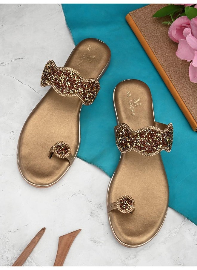 XE Looks - XE Looks Women's Copper Gold Embellished Slippers | Glittering Design with Comfort Sole | Comfort and Durability Combined Slipper For Girls & Women - Image 1