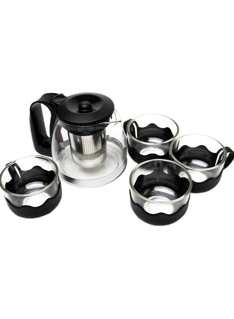طقم شاي زجاجي مكون من خمس قطع، إبريق شاي واحد و4 أكواب، إبريق شاي مع منقوع، مناسب للمنزل والمكتب لتحضير الشاي المعطر والمشروبات الأخرى - Image 3