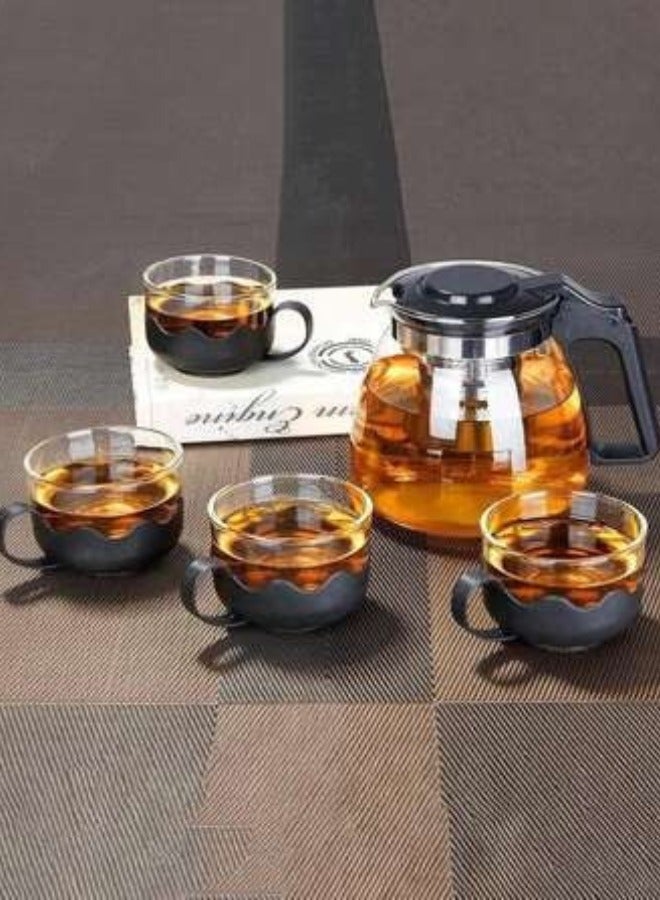 طقم شاي زجاجي مكون من خمس قطع، إبريق شاي واحد و4 أكواب، إبريق شاي مع منقوع، مناسب للمنزل والمكتب لتحضير الشاي المعطر والمشروبات الأخرى - Image 1