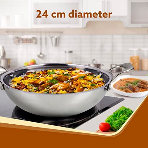 AGARO Royal Honey Comb Kadai, 2.25L Capacity, 24 cm Diameter, Gas & Induction Compatible, Tri-Ply Steel with Honey Comb Design, Riveted Handle, Food Safe & PFOA Free, Cooking, Frying, Serving, Silver - Image 2