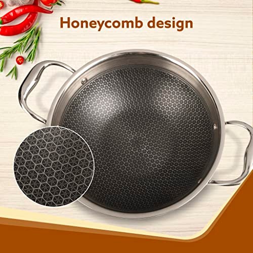 AGARO Royal Honey Comb Kadai, 2.25L Capacity, 24 cm Diameter, Gas & Induction Compatible, Tri-Ply Steel with Honey Comb Design, Riveted Handle, Food Safe & PFOA Free, Cooking, Frying, Serving, Silver - Image 5