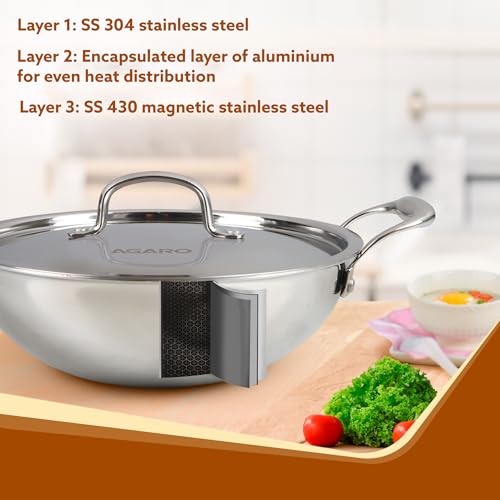 AGARO Royal Honey Comb Kadai, 2.25L Capacity, 24 cm Diameter, Gas & Induction Compatible, Tri-Ply Steel with Honey Comb Design, Riveted Handle, Food Safe & PFOA Free, Cooking, Frying, Serving, Silver - Image 3