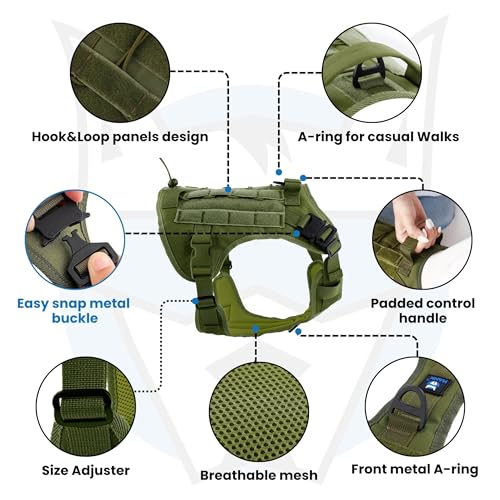 HANK Tactical Dog Harness - No Pull Heavy Duty - 1600D Oxford Nylon - Adjustable Dog Chest Belt - 2 Metal Buckle - Dog Vest for Training, Walking & Outdoor Adventure (Tactical Green, XL - Harness) - Image 2