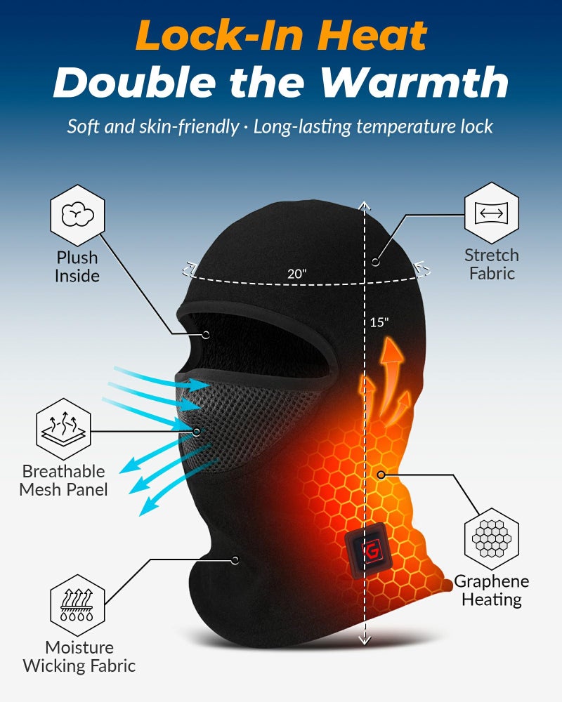 PEONYRISE Heated Balaclava for Men Women Face Mask Beanie Hat Cap Rechargeable for Motorcycle Ski Hunting Snowboard Skiing Cycling Snowmobile Camping Thermal Fleece Winter Cold Weather Fishing Snow - Image 5