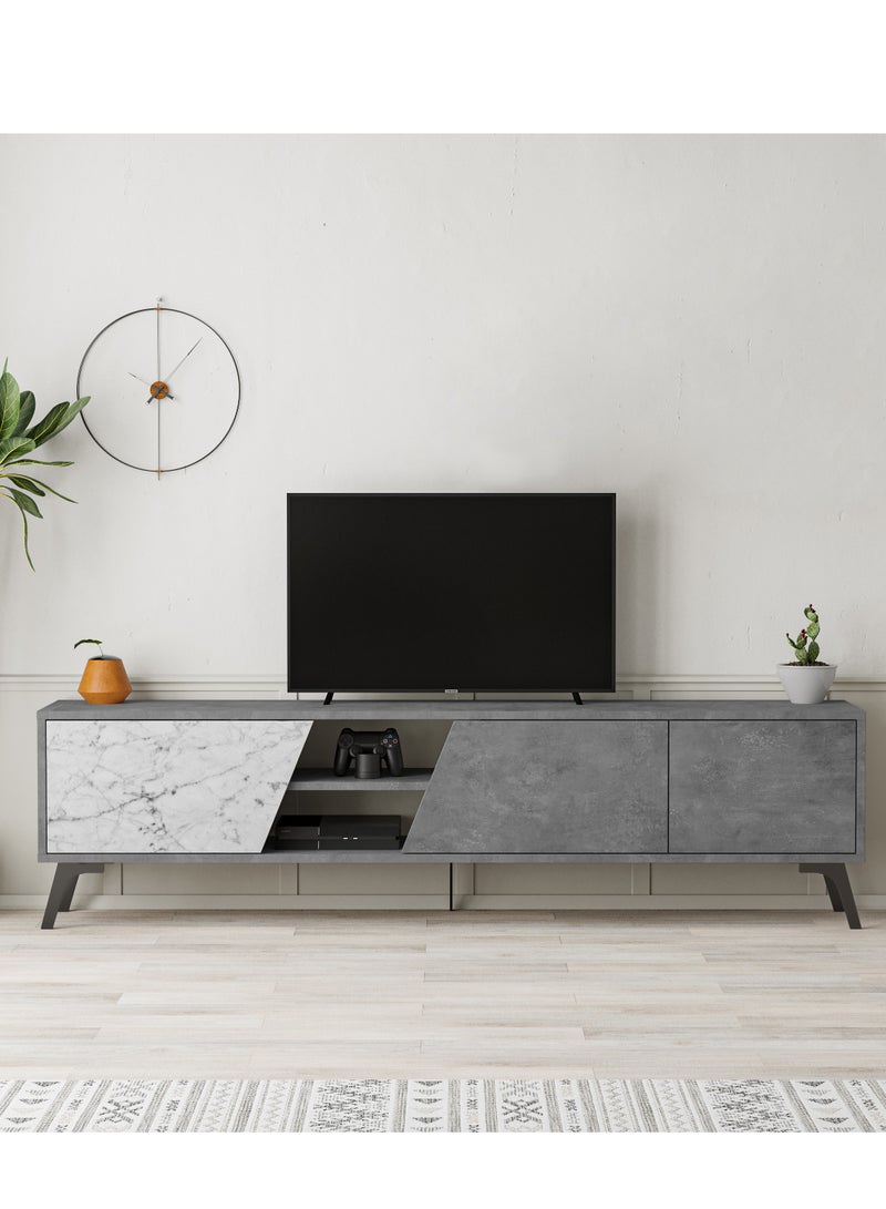 Mourah Home Fiona Tv Cabinet Up To 70'' Inch Tv| 3Door And 2Tier Storage Cabinet| Tv Units For Living Room|180X35.6X48 Cm|Retro Grey  White Marble  - Image 1