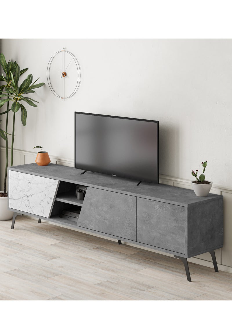 Mourah Home Fiona Tv Cabinet Up To 70'' Inch Tv| 3Door And 2Tier Storage Cabinet| Tv Units For Living Room|180X35.6X48 Cm|Retro Grey  White Marble  - Image 2