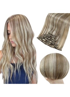 Full Shine Clip In Human Hair Extensions Color Ash Brown Highlight Platinum Blonde #8P60 Clip In Extensions Real Human Hair 80 Gram Blonde Highlight Human Hair Clip Ins Brazilian Hair 7 Pcs 12 Inch  - Image 1