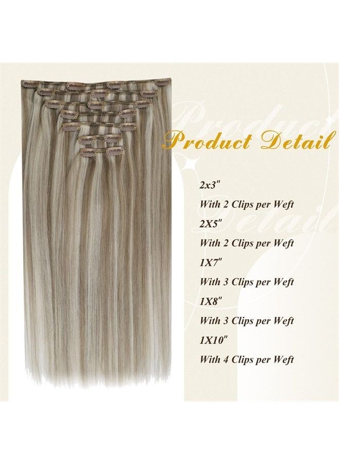 Full Shine Clip In Human Hair Extensions Color Ash Brown Highlight Platinum Blonde #8P60 Clip In Extensions Real Human Hair 80 Gram Blonde Highlight Human Hair Clip Ins Brazilian Hair 7 Pcs 12 Inch  - Image 2
