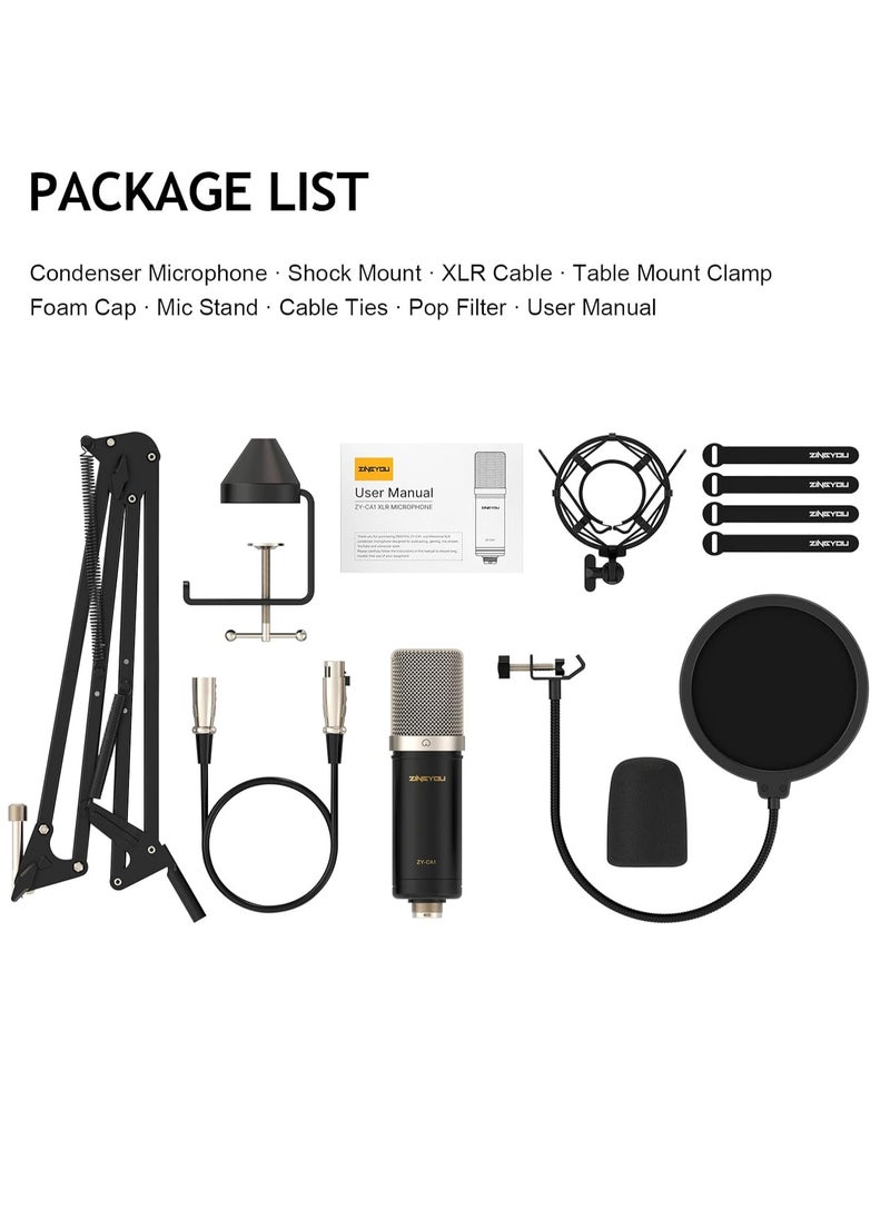 ZINGYOU - ZY-CA1 XLR Condenser Kit ,Professional Microphone Cardioid Studio Recording Mic Kit with Boom Arm, Shock Mount, Pop Filter, Windscreen and Cable Ties for Podcast, Voice Over, Vocal, Streaming, YouTube - Image 1