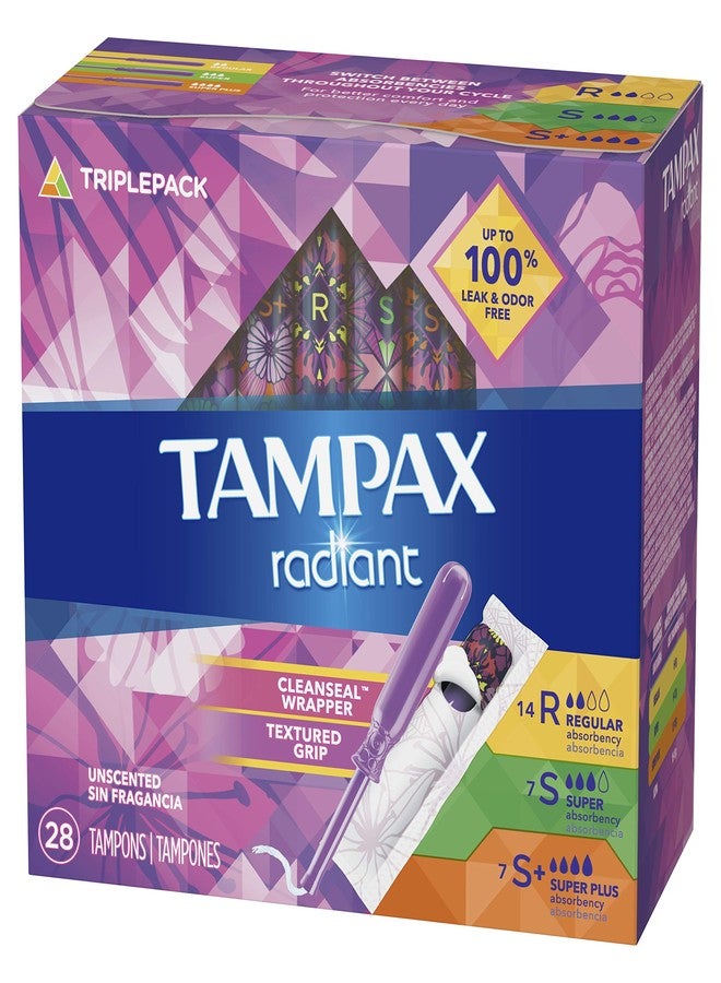 Tampax Radiant Tampons Trio Pack Regular/Super/Super Plus Absorbency, Unscented, 28 Count - Image 2