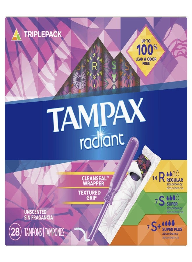Tampax Radiant Tampons Trio Pack Regular/Super/Super Plus Absorbency, Unscented, 28 Count - Image 1